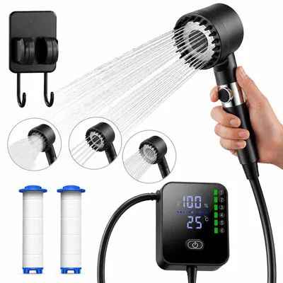 Imagen del producto de Ducha portátil para camping con batería recargable, equipada con 2 filtros de agua. Ofrece 24 ciclos de ducha y cuenta con 3 niveles de intensidad (bajo, normal, alto). Ideal para uso en exteriores, para camping, perros, automóviles, bicicletas y caravanas. Es portátil y se llama FLOAT Oasis