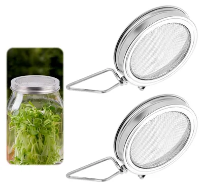 Produktbild von 2 Stück Keimdeckel für Weithals-Mason-Gläser aus Edelstahl, wiederverwendbar mit Ständer und feinem Netz für die Keimung von Alfalfa, Brokkoli und Mungobohnen