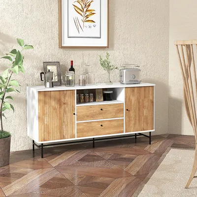 Produktbild von COSTWAY Modernes Buffet-Sideboard, Kaffeebar im Mid-Century-Stil mit Schiebetüren und 2 Schubladen, vielseitiger TV-Ständer mit Kabelloch, ideal für Küche, Esszimmer, Wohnzimmer