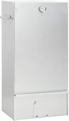 A silver smoker oven is shown from a side angle against a white background.
