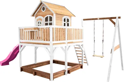Produktbild von AXI Spielhaus Liam mit Sandkasten, Schaukel & lila Rutsche | Stelzenhaus XXL in Braun & Weiß aus  Holz für Kinder | Spielturm mit Wellenrutsche für den Garten