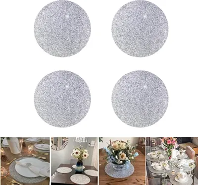 Immagine prodotto di Tovaglietta scintillante rotonda lavabile elegante San Valentino tovaglietta matrimonio Natale, argento, 33 cm, rotonda, 4 pezzi
