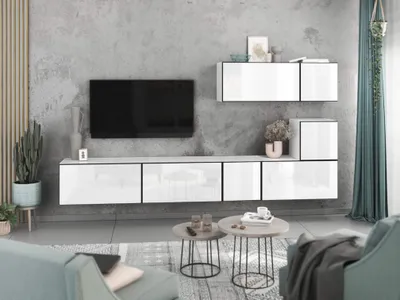 Produktbild von Wohnwand VARIANTO 2 Schrank Set 7 tlg., 266 cm, weiß matt / weiß Hochglanz, grifflos, stehend und hängend
