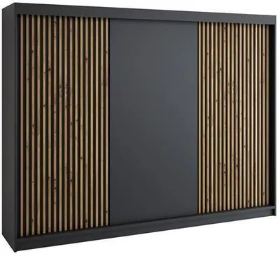Produktbild von Schwebetürenschrank, 3-türig Schrank mit 4 Schubladen, und 3D-Lamellen. Verschiedene Farben (Weiß, Schwarz, Somona) Kleiderschrank IOSA 200 cm