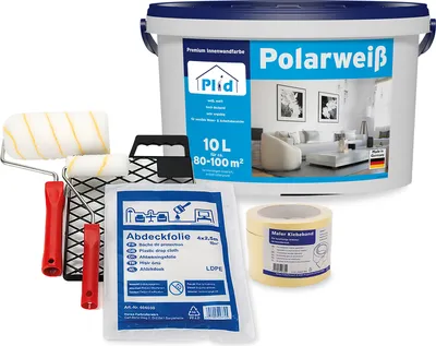 Produktbild von Plid Polarweiß Wandfarbe Weiß Matt 10l + Anstreichset, für ca. 70m² /Acrylfarbe Innenfarbe