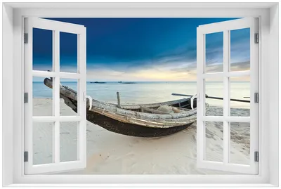 Produktbild von Wallario Premium Glasbild mit Fensterrahmen, freischwebende Optik, kräftige Farben, Größe 60 x 90 cm Motiv Fischerboot am Strand mit Sonnenuntergang