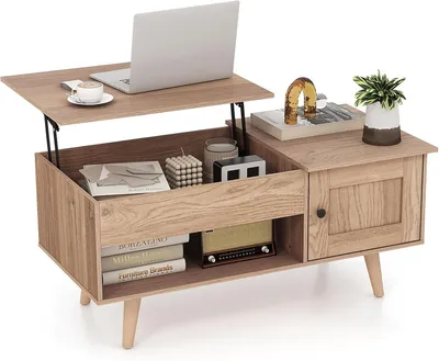 Image de COSTWAY Table basse avec plateau relevable et espace de rangement, table de salon avec compartiment caché, armoire et étagère ouverte Naturel
