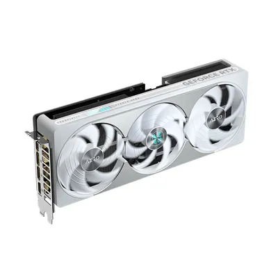 A white graphics card with three fans, shown from a diagonal angle against a white background.