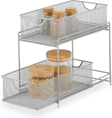 Productafbeelding van Famanu keukenorganizer met 2 uitschuifbare manden - metalen badkamerplank - afmetingen: 32x19x35 cm - zilver