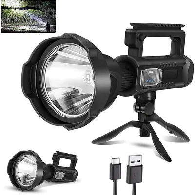 Produktbild von LED Suchscheinwerfer Akku, extrem heller 2000000 Lumen Hand Scheinwerfer, USB-C wiederaufladbar mit Stativ, 10h Laufzeit IPX5