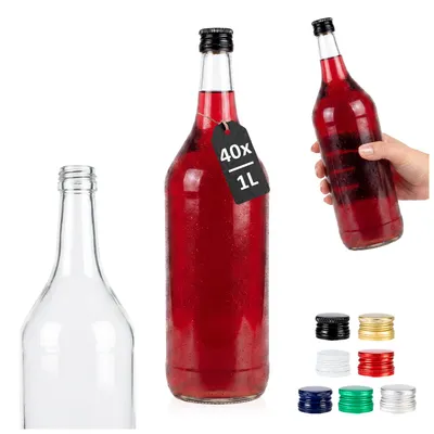 Zdjęcie produktu dla SuperButelki - 40x Butelka szklana monopolowa 1l z zakrętkami – do wódki, nalewek, bimbru, soków, alkohol, szkło bezbarwne, MONOPOL, pojemność 1000 ml