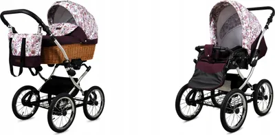 Two images of a classic-style baby stroller with a wicker bassinet and a floral canopy.