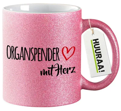 Produktbild von Huuraa Glitzertasse Organspender mit Herz 330ml Pink Keramik Kaffeebecher Geschenkidee