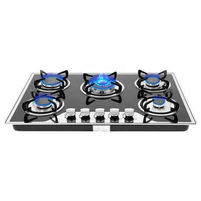 Image de table de cuisson 5 feux gaz encastrable LPG/NG 5 zones Verre trempé Réchaud à gaz (noir) pour gaz naturel propane