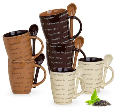 Image de matches21 Cappuccino 3 pièces Original Cappucchino Tasses Tasses à café 10 cm de haut / 250 ml Céramique avec cuillère