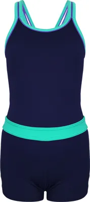 Produktbild von Aquarti Mädchen Badeanzug mit Bein Racerback , Farbe: Dunkelblau / Grün, Größe: 134