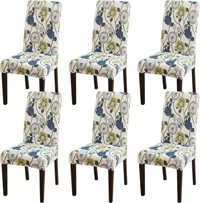 Produktbild von (6er-Pack Stuhlhussen, weiße Blume) Armloser Stretch-Stuhlbezug für Esszimmer-Sitzkissen, Stuhlschutzbezug, abnehmbar und waschbar