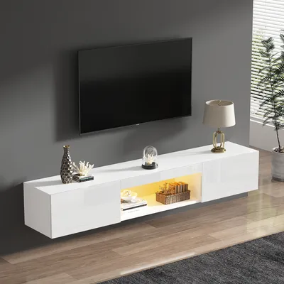 Produktbild von MODFU TV-Schrank Hochglanz Lowboard mit LED-Beleuchtung für 70-Zoll-TV, Fernsehtisch Wohnzimmerschränke mit Bluetooth-APP-Steuerung für Wohnzimmer, Esszimmer,weiß