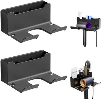 Image de Unyqoos® - Lot de 2 supports pour sèche-cheveux, couleur noire – Support mural sans perçage, fabriqué en ABS, idéal pour les salles de bain, gain de place, compatible avec la plupart des sèche-cheveux