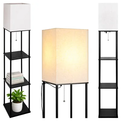 Produktbild von MasterLED Stehlampe mit Regal 3 Ablagen E27 158cm Schwarz Stoffschirm Wohnzimmer