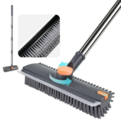 Image de Brosse de nettoyage pour salle de bain avec long manche, poils durs et raclette en silicone