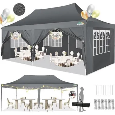 Productafbeelding van Partytent 3x6 meter, waterdicht, met 6 zijpanelen, grijs, opvouwbaar, met UV-bescherming