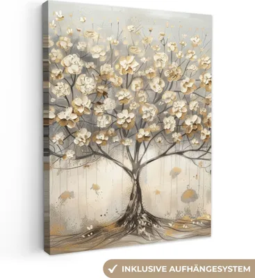Obrázek produktu pro OneMillionCanvasses® - Obraz na plátně - Strom - Béžová - Zlatá - Vzhled laku - Šedá, nástěnný obraz, nástěnné dekorace obrazy obývací pokoj, 30x40cm