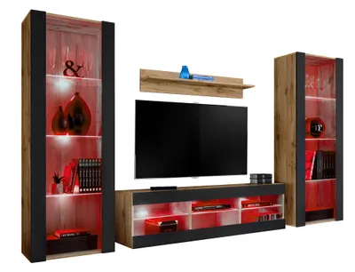 Produktbild von Komodee | Wohnwand Wohnzimmerset Tivoli Grande, Korpus Wotan Matt Frontfarbe Schwarz Matt, LED RGB