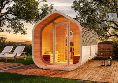 Produktbild von FinnTherm Fasssauna ScandiCube Wave Deluxe, Außensauna inkl. Dacheindeckung und Saunaliegen - Naturbelassen