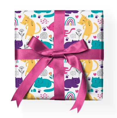 Produktbild von Lustiges Katzen Geschenkpapier mit Katzen, Regenbogen, weiß - G23043, 32 x 48cm