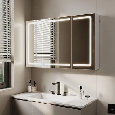 Produktbild von Spiegelschrank Bad mit Beleuchtung, 120x75cm, 3-teilig | Spiegelschrank Bad 120x75cm, 3-tlg. Faltdesign, dimmbare LED, Soft-Close, Anti-Beschlag, Steckdosen & USB, 5 Ablagen