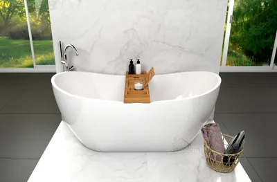 Produktbild von ECOLAM exklusive freistehende Badewanne Standbadewanne moderne Wanne freistehend Clara 170x80 cm + Bambus Ablage + Ablaufgarnitur Click Clack weiß