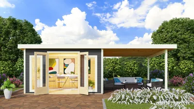 Produktbild von Karibu Gartenhaus Gerätehaus Radeburg 3 im Set 3,3 m Anbaudach terragrau 665x369x229,5 cm
