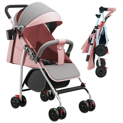 Produktbild von 2 in 1 Kinderwagen Reisebuggy Baby Buggy klein zusammenklappbar mit Getränkehalter und Liegefunktion Rosa
