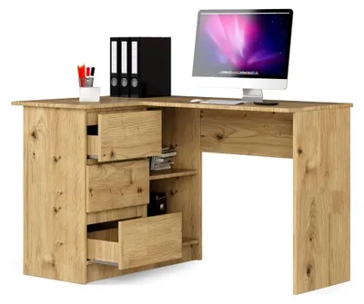 Produktbild von Rechtsseitiger Eckschreibtisch mit 3 Schubladen und 2 Regalen, viel Platz für Entfaltung, geeignet für Jugendzimmer, Büros und Ateliers, Winkelschreibtisch, Computertisch, Bürotisch 124x77x85 cm, Eiche Artisan