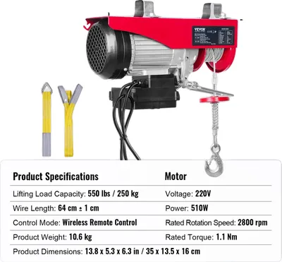 Zdjęcie produktu dla Elektryczny dźwig podnoszący, udźwig 250 kg, silnik 510 W, pilot zdalnego sterowania, bezprzewodowy 250 kg