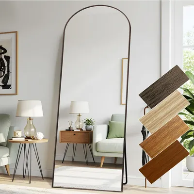 Obrázok produktu pre Zrkadlo celé telo, 76 x 180 cm, zakrivené, hliníkový rám, vzhľad dreva, farba: sivá/hnedá