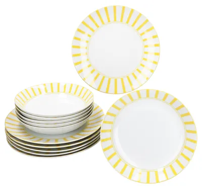 Image de Split jaune rayé 12pcs Service de table Porcelaine Assiette creuse Assiette à soupe rayée