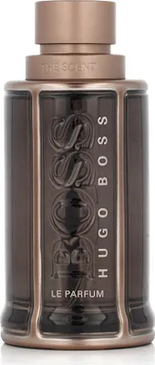 A close-up studio shot of a Hugo Boss perfume bottle.