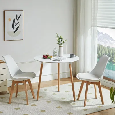 Obrázok produktu pre Jedálenská zostava: Okrúhly stôl s 2 stoličkami, biela farba, rozmer 80x80x75 cm