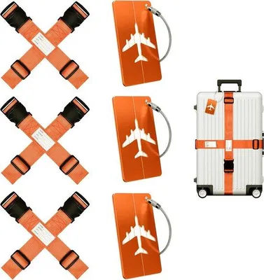 Produktbild von Famanu Set von 6 Gepäckriemen mit Adresslabel + 3 Gepäckanhängern, orange