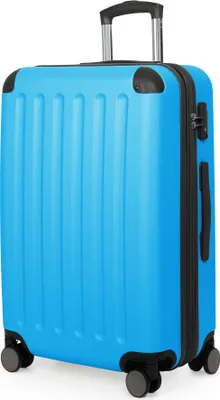 A studio shot of a blue suitcase on a white background.