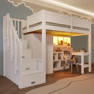 Produktbild von Hochbett 90x200 cm mit Schreibtisch, Kleiderschrank, Regal, Stauraumtreppe & LED-Beleuchtung, Kinderbett, Weiß, Kiefernholz