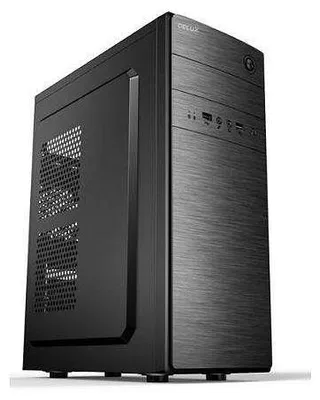 A black computer case is shown against a white background.