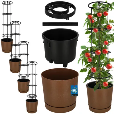 Obrázok produktu pre KOTARBAU® Súprava 4 kusov kvetináčov na paradajky, priemer 29 cm. Kvetináč s oporou na rastliny pre popínavé rastliny. Konštrukcia na paradajky, výška 108 cm. Robustná a odolná, plast, hnedá farba