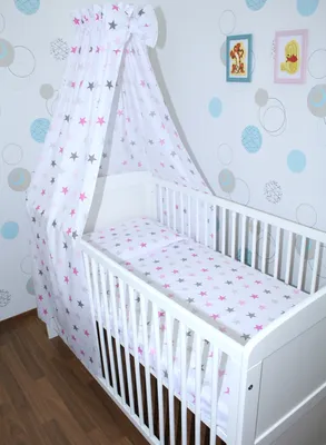 Produktbild von 4 teiliges Baby Bettset Bettwäsche mit Himmel Vollstoff - Bettausstattung - ON-13. Star Rosa