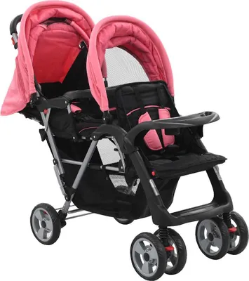 Produktbild von vidaXL Tandem-Kinderwagen Stahl Rosa und Schwarz