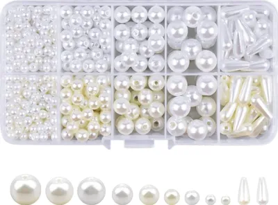 Produktbild von Perlen zum Auffadeln 5 Größen Perlen für Armbainder Ohrringe Kunstperlen Perlen Set mit Loch Lose Perlen Dekoperlen Schmuck Basteln Zubehor für Madchen Kinder Erwachsene, Weiß + Beige