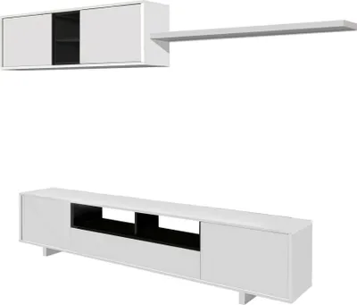 Produktbild von Einbaufertige Wand Hartford, TV-Ständer für Wohnzimmer, Zusammensetzung des Wohnzimmersets, Wohnzimmergarnitur mit Schrankwand, 260x41h46 cm, Glänzend Weiß