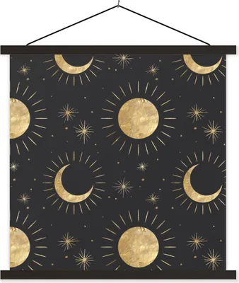Produktbild von MuchoWow® Textilposter Muster - Mond - Sonne - Gold 120x120 cm mit schwarzem Rahmen - Aufhängungsset